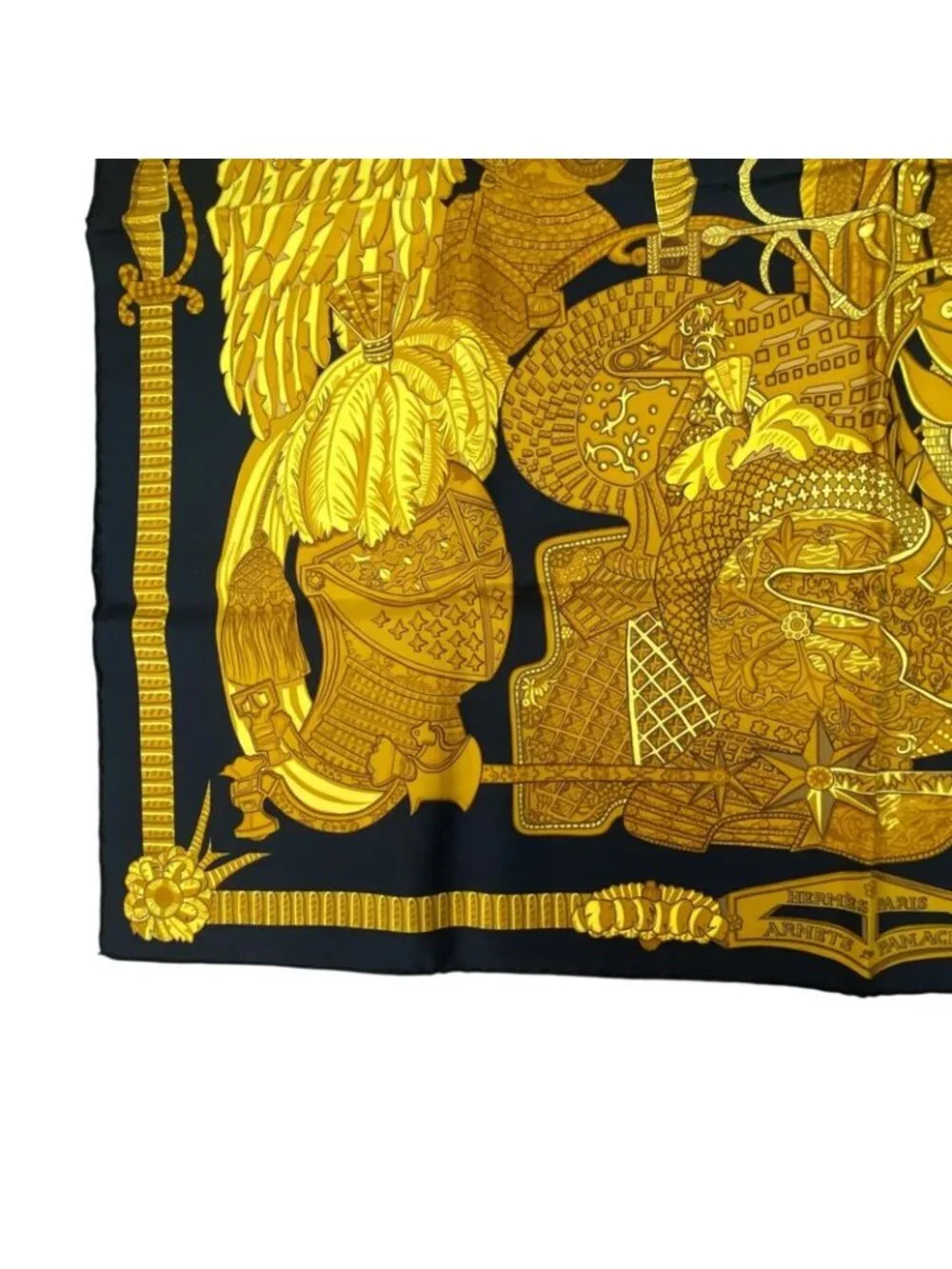 Hermes Carre 90 Armets En Panache Feathered Cavalry Helmet Black Gold Scarf